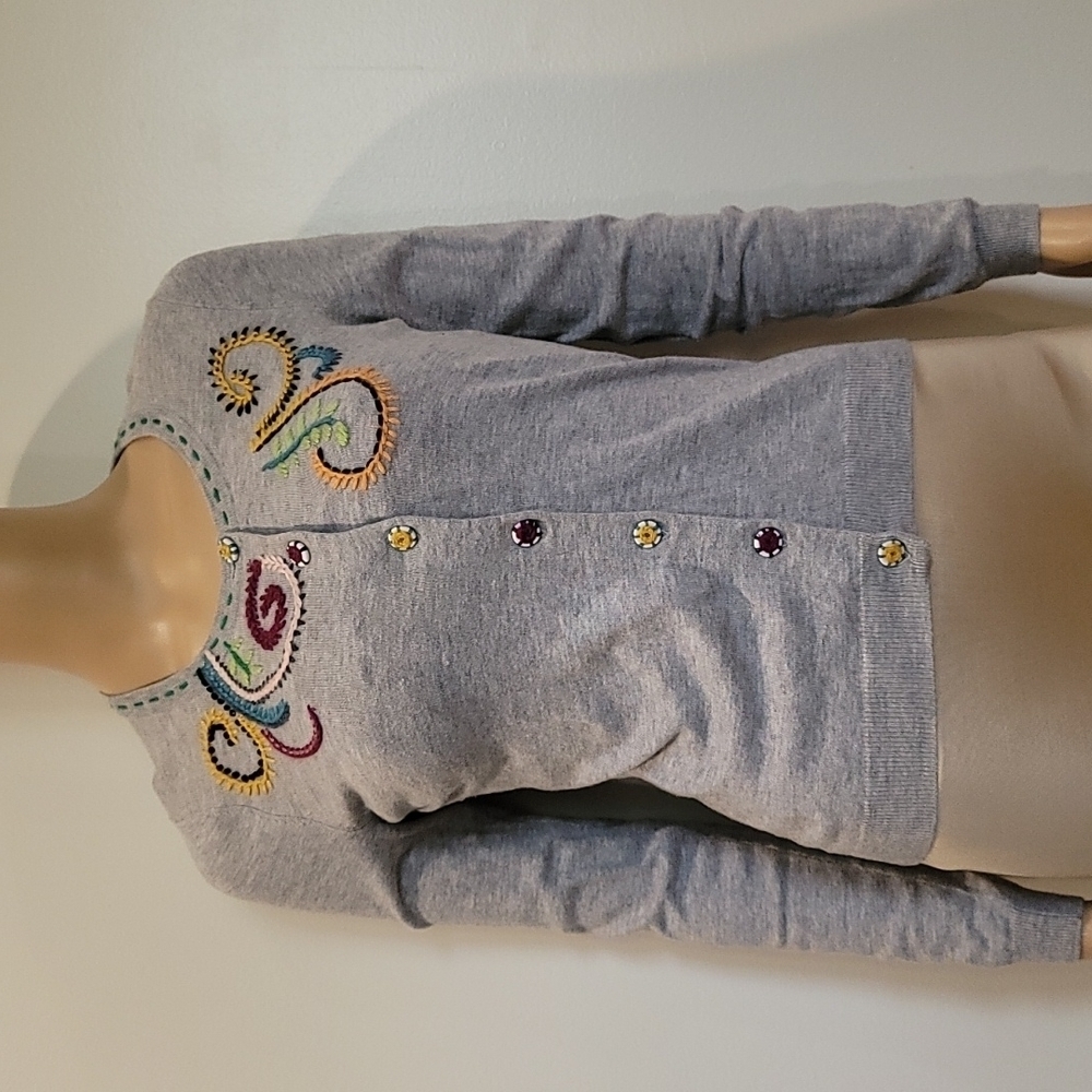 Anthro Karen Nicol Gray Cardigan w/ Embroidery - s